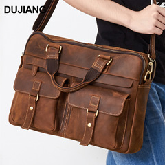 本革メンズブリーフケース、ビジネス通勤用ハンドバッグ、クレイジーホースレザー、多ポケットショルダーバッグ、多機能クロスボーダーバッグ