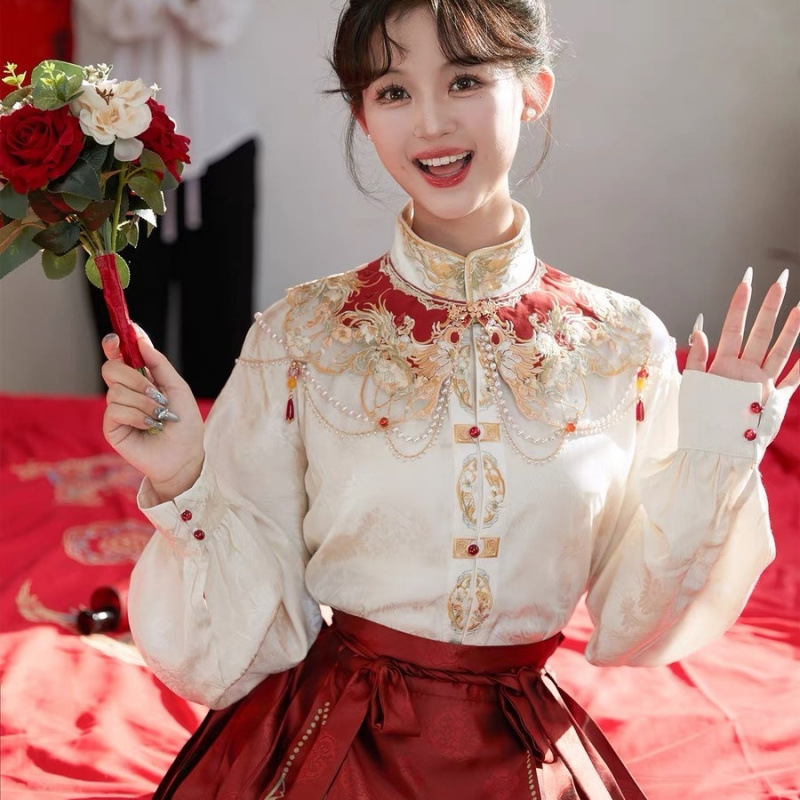 中国式国風重工馬面スカート雲肩漢服敬酒服婚約服半身スカートセット|undefined