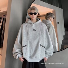 新款秋冬美式复古花体字母刺绣连帽卫衣男休闲潮流百搭情侣帽衫