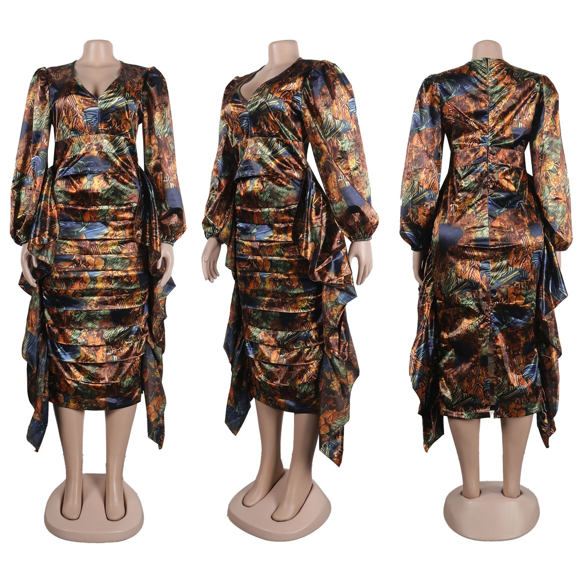 Women's Clothing Sexy Printed Ruffled Lantern Sleeve Hip Hugging Slim Fit Long Sleeve Dress_voghion.com