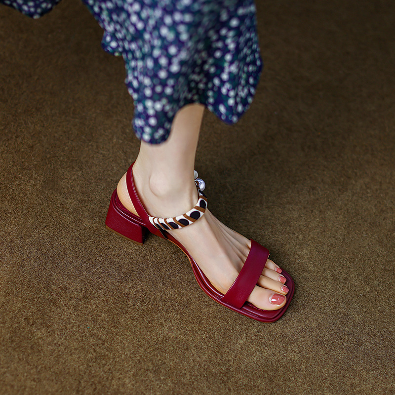 Summer sandals for women 2022 new style one strap with fairy style ribbon temperament wine red high heels chunky heel open toe