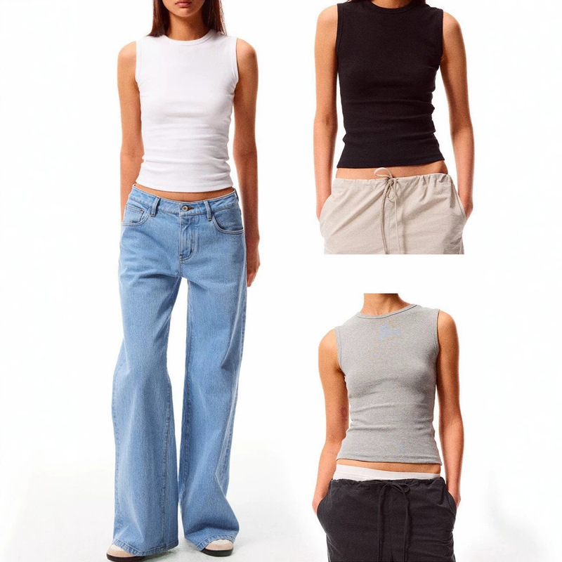 American Retro Style Basic High-Elastic Round-Neck Sleeveless Tank Top, Simple Slim-Fit Slimming Camisole for Women