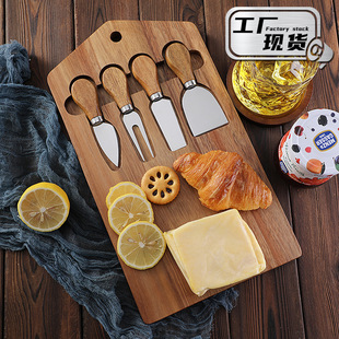 in stock Acacia Cheese Board suit Stainless Cheese Tool 4-piece Cheese Knife Cooked Food Board Cheese Knife suit