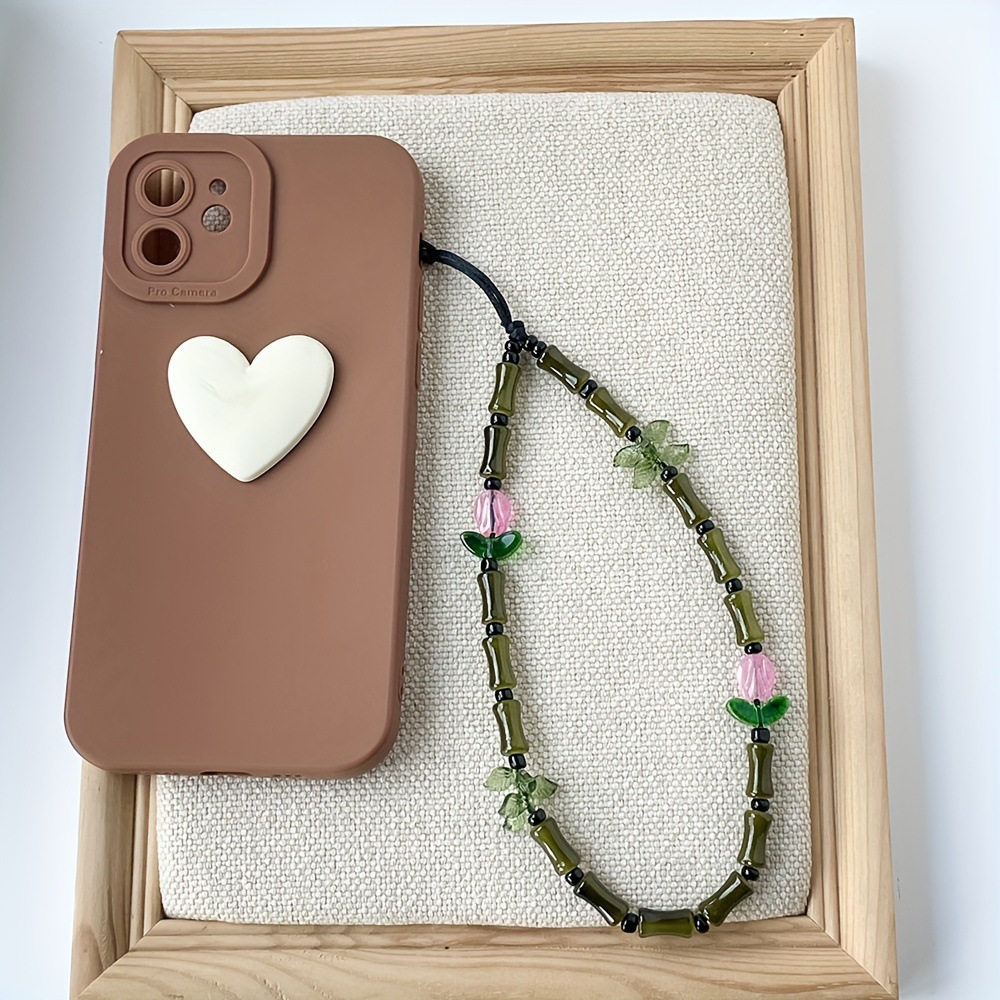 Forest-Style Glass Bamboo Mobile Phone Lanyard, Tulip Flower Phone Chain, Creative Bag Decoration Pendant Keychain