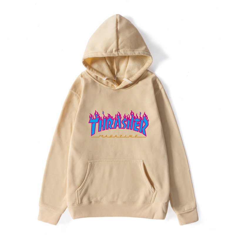 Cross-Border Autumn and Winter Blue Flame Men's Pullover Sweatshirt Thrasher Street Style Oversized Hooded Short-Sleeve Top