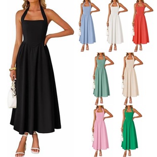 2025 European and American Foreign Trade Cross-Border Women's Clothing Amazon Hot Style Sleeveless Halterneck Off-Shoulder Pleated High-Waist Flap Pocket Pants Dress