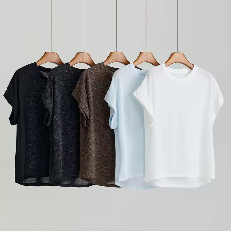 Relaxed and Casual Feel, Organic Linen Loose Short-Sleeved T-Shirt with Round Neck and Rolled Edge Design, Casual Linen Top for Women