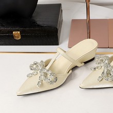 599-35 French style Sweet Water Diamond Bow Decoration Pointed Shallow Mouth Half Dragging Female One Step Stepping Slope Slippers Female