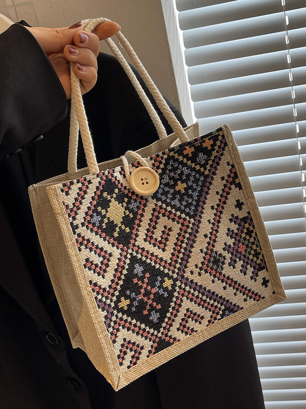 Ethnic style canvas bag women's summer new fashion out portable linen lunch box lunch bag hand carrying mummy bag Ethnic style canvas bag women's summer new fashion out portable linen lunch box lunch bag hand carrying mummy bag