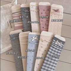 ブルーグレーのデザインチェック柄リボンソックス女性用韓国甘いガーリースタイルダブル木耳JKミッドカーフソックストレンディ