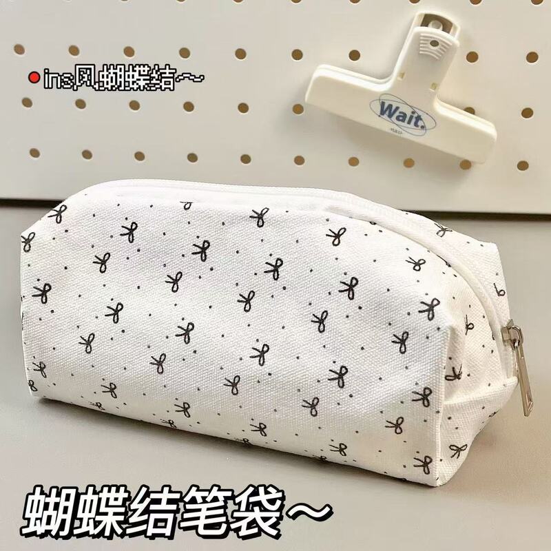 Ins High Beauty Value Cute Girl Student Makeup Bag Large Capacity Stationery Storage Bag Bow Pen Bag Pencil Case