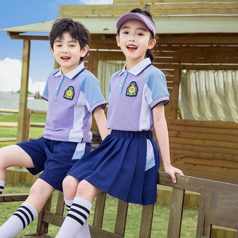 班服紫色运动套装小学生春夏三件套幼儿园园服夏季