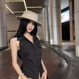 法式领温柔条纹衬衫女年夏季新款露背收腰设计感无袖衬衣