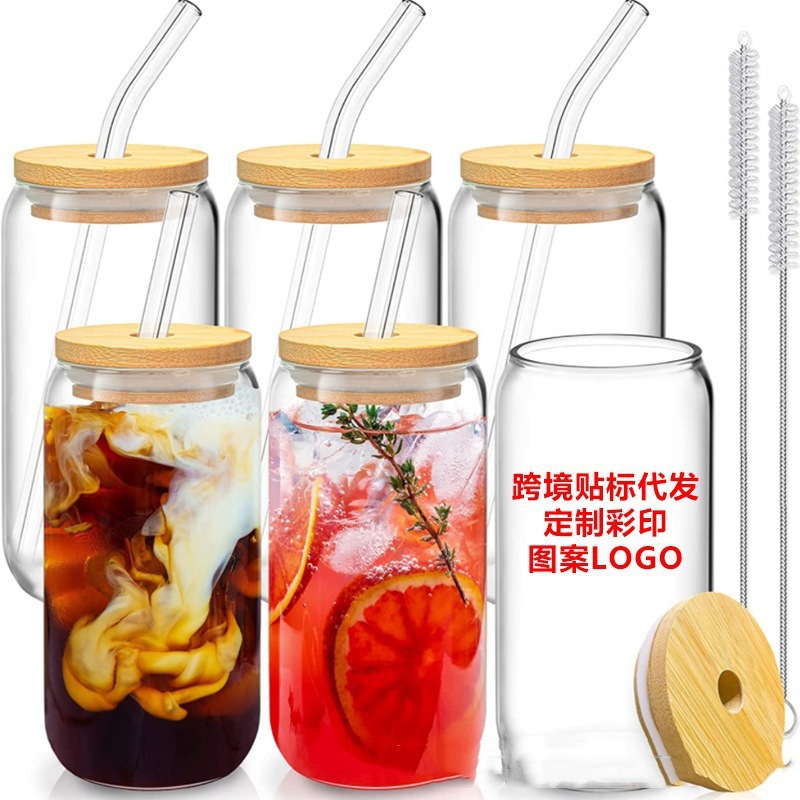 Vaso de agua con alto contenido de borosilicato de Amazon transfronterizo neto Tapa de madera de bambú rojo Taza de Cola Taza de vidrio de jugo Imagen en color impresa