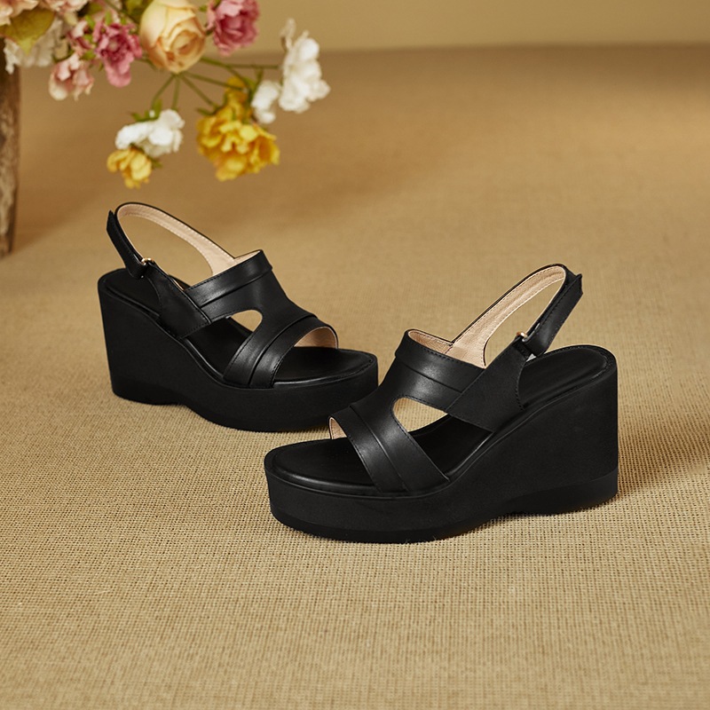 Sandal nữ hở mũi đế xuồng da bò cao gót quai ngang phong cách La Mã — đen