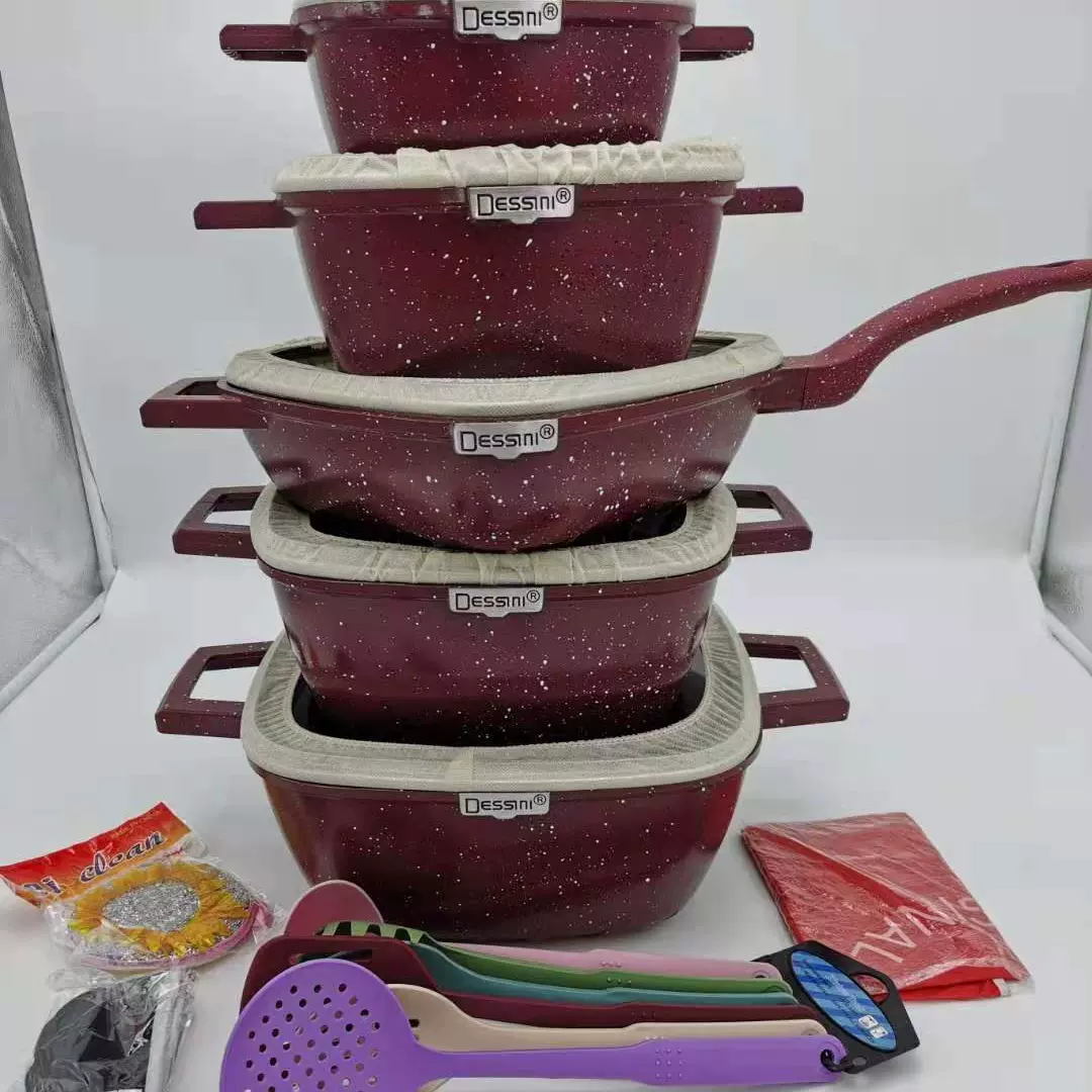 dessini25件套不粘锅方形条纹压铸铝锅麦饭石锅 厨房组合锅具套装