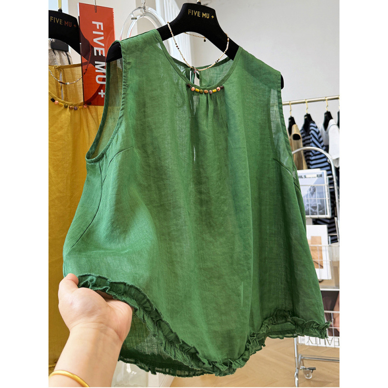 Korean-Style Ruffled Edge Sleeveless Shirt Top for Women, Summer Thin High-End Outerwear Vest Blouse