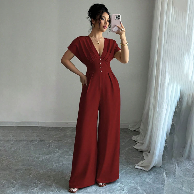 Exportación de comercio exterior 2026 nuevo estilo europeo y americano transfronterizo temperamento elegante de mujer cuello en V manga corta cintura amplia pierna junk