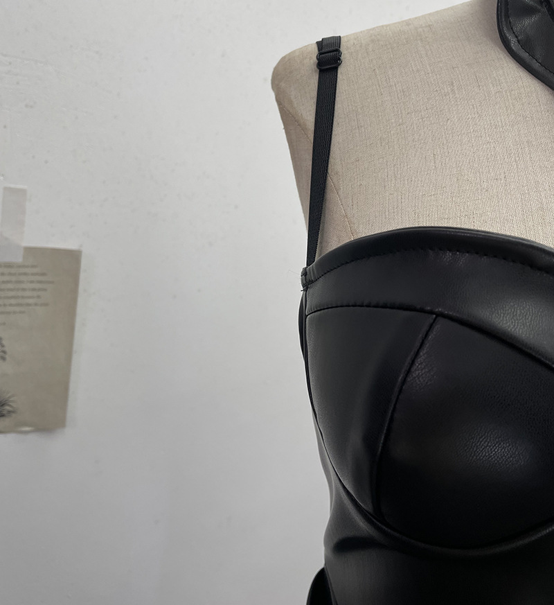 Chest Pad Halter Spaghetti Straps Dress Sexy Slim Fit Ruffle Hip Faux Leather Sexy 10 Chest Pad Halter Spaghetti Straps Dress Sexy Slim Fit Ruffle Hip Faux Leather Sexy