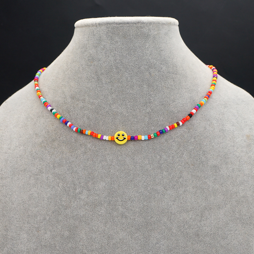 Bohemia Rainbow Glass Rice Beads Handmade Beaded Yellow Smiley Face Necklace display picture 2