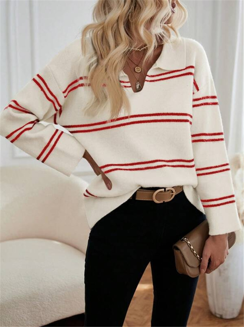 Women's Striped Polo Sweater – V-Neck, Contrast Trim, Long Sleeve (White/Black/Apricot/Red, S-L)_ecoleips.com