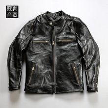 日系机车J100茶芯马皮皮衣男立领修身短款真皮夹克