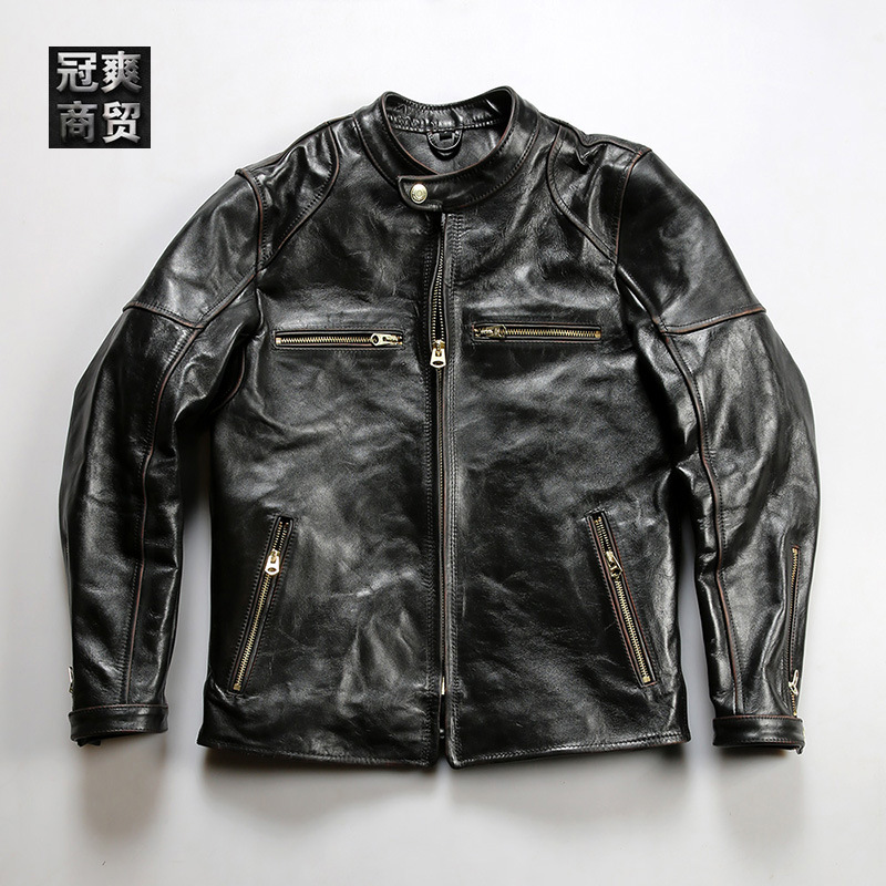 日系机车J100茶芯马皮皮衣男立领修身短款真皮夹克