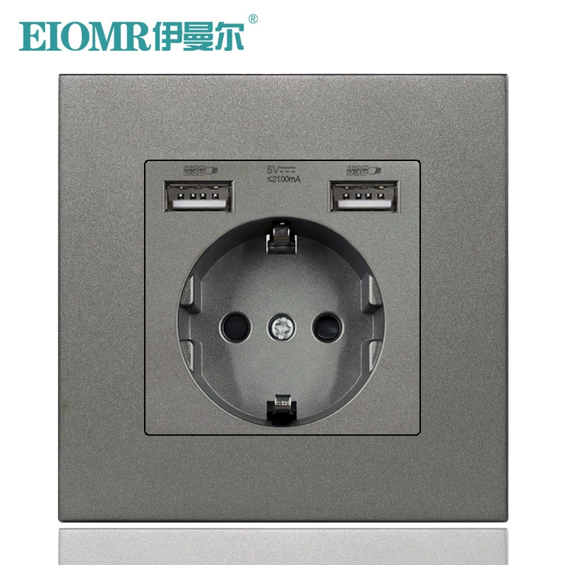 Европейская панель настенного розетка, двойной USB, стандарт Франции/Германии, варианты из прозрачного стекла и нержавеющей стали