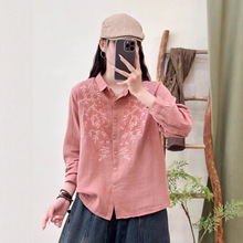 2025夏季新款复古民族风棉麻文艺刺绣宽松减龄衬衫立领宽松小开衫
