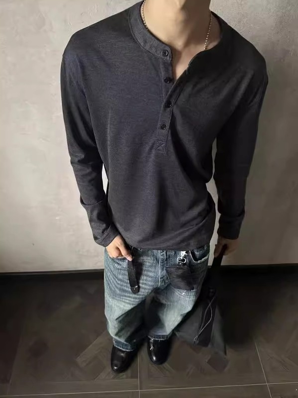 亨利领纯色休闲T恤立体剪裁宽松打底长袖潮牌休闲美式简约男士潮|undefined