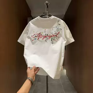夏季短袖百搭复古男打底修身新款潮流圆领ins半袖美式刺绣设计T恤