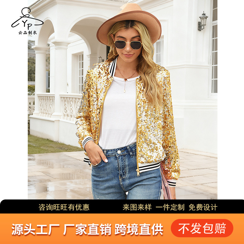Amazon Cross-Border European and American Fashion Sequined Jacket Outerwear Long-Sleeved Autumn and Winter Jacket Women's Clothing Source Factory Amazon Cross-Border European and American Fashion Sequined Jacket Outerwear Long-Sleeved Autumn and Winter Jacket Women's Clothing Source Factory