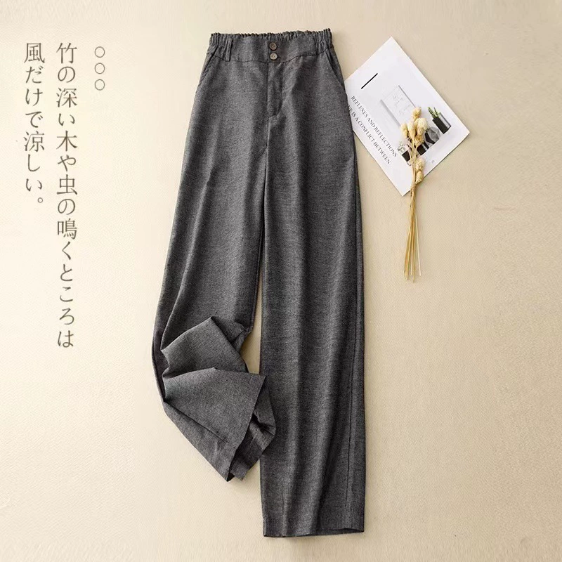 Льняные широкие брюки для женщин, весенне-летние тонкие повседневные брюки из хлопка и льна с высокой талией, льняные брюки длиной до пола с цветочной талией.