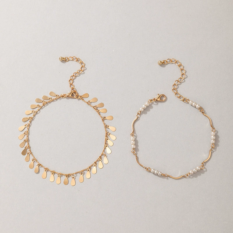 Ankle bracelet from pearl, metal golden water, chain, set, new collection, simple and elegant design