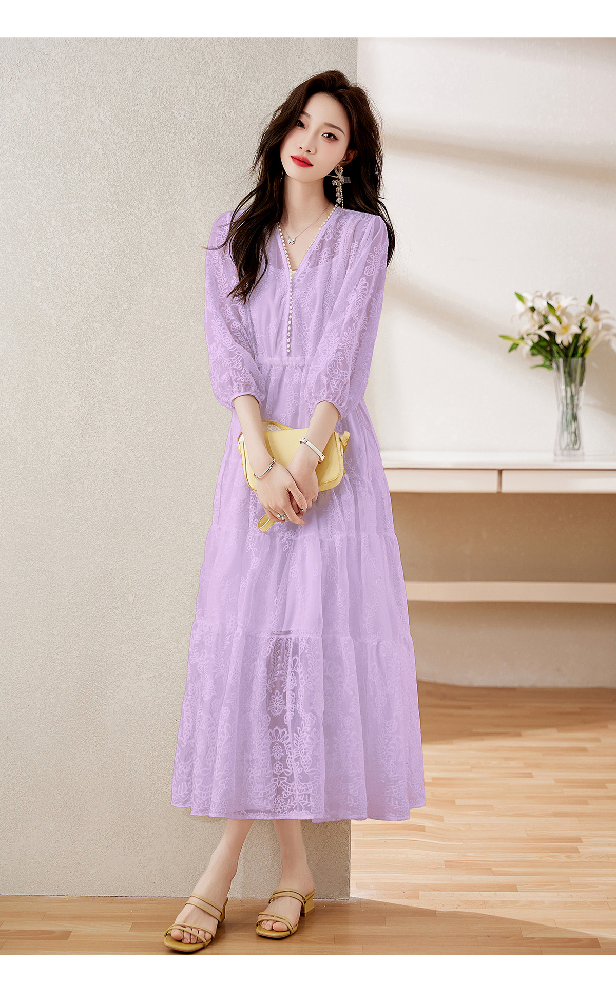 Đầm maxi nữ cổ V thắt eo dáng dài thanh lịch NY1608 — xanh lam, màu tím, màu vàng chi tiết 29