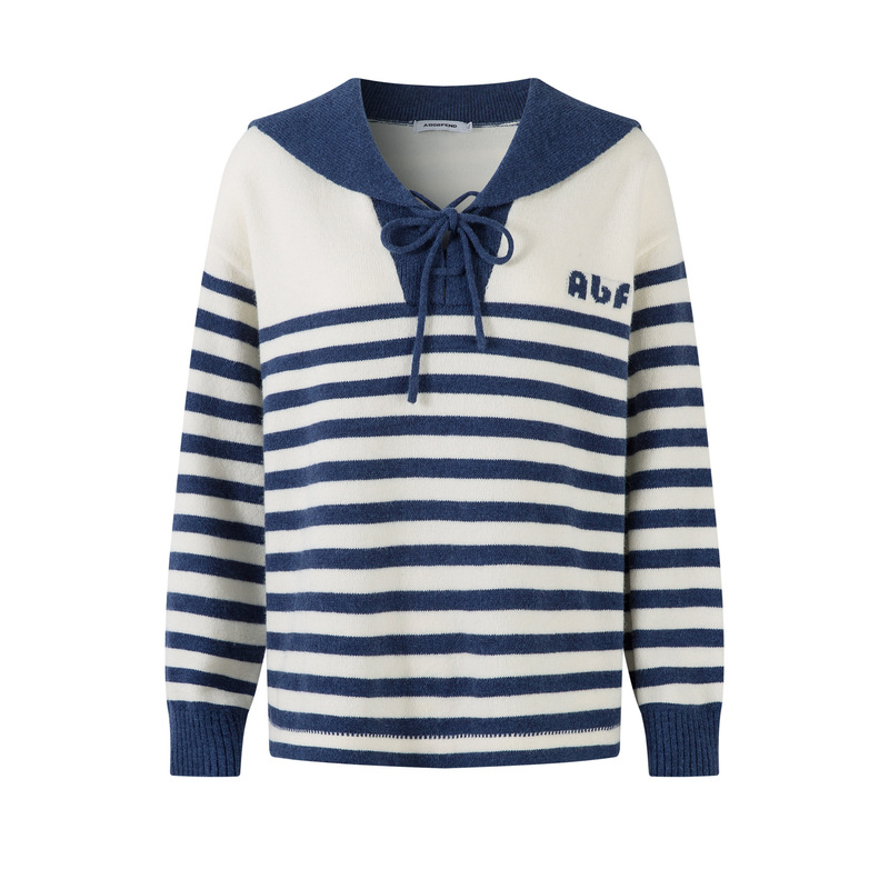 Bf.Borfend/Baifeng American Retro Navy Collar Contrast Stripesd Knitwear Women's Loose Slimming Look Versatile Set
