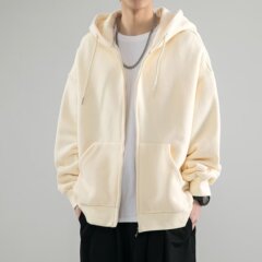 2024春と秋のゆったりとした大きいサイズの純色のカーディガンと帽子のジッパーの男性のコート秋冬