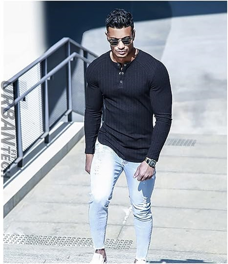 European Men's Sports Tees Slim Muscle Short Sleeve T-Shirt Fitness Elastic Thread Tight Solid Color Henry Shirt_voghion.com