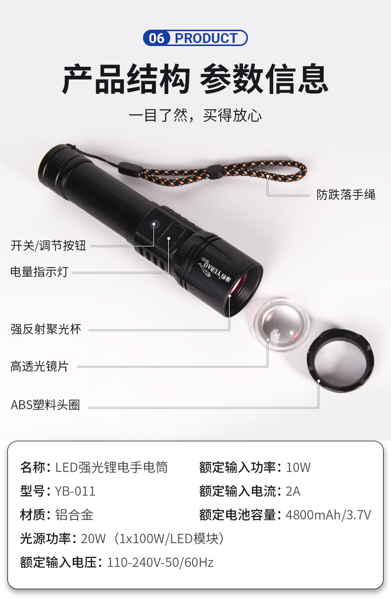 High-Power, Ultra-Bright, Long-Lasting Rechargeable Flashlight for Home and Outdoor Use, with Zoom and Spotlight Features, Wholesale