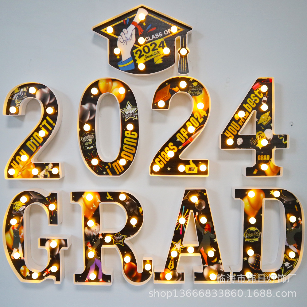 2025 accesorios de la foto de graduación, lámpara de letras grad, decoración de la escena de la fiesta led, lámpara decorativa, temporada de graduación, sombrero de soltero