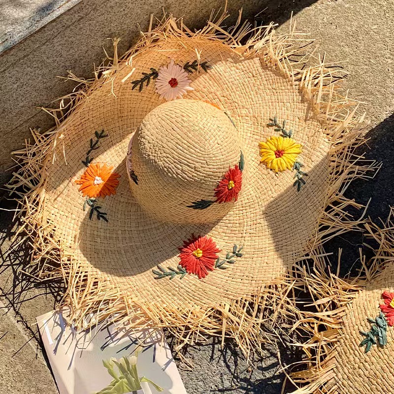 French Style Raffia Flower Straw Hat for Women - Summer Beach Wide Brim Sun Hat for UV Protection - Thumbnail 6