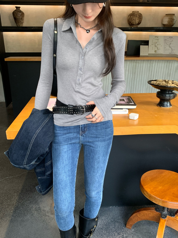 辣妹纯欲POLO衫翻领长袖T恤女2025春秋正肩修身内搭显瘦打底上衣|undefined