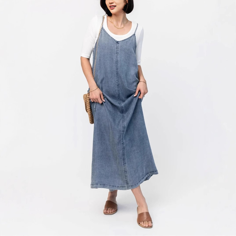 Cross-border Hot 2025 New Simple Thin Loose Long Solid Color Washing Sling Casual Denim dress