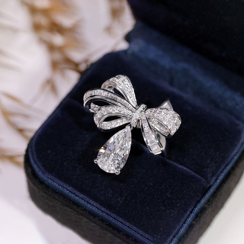 Live Streaming Ins Style Bow Ring for Women, Unique Design, Light Luxury, 3D Droplet Pear Shape High Carbon Diamond Index Finger Ring