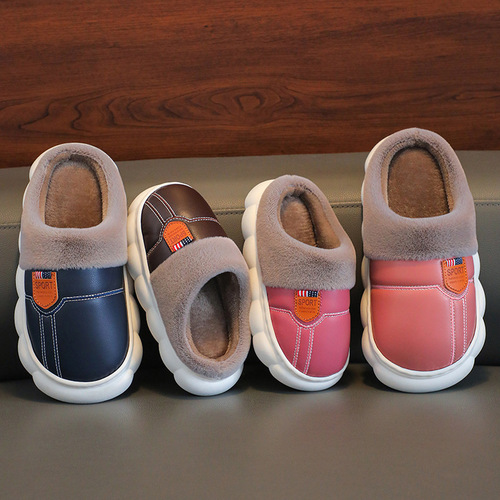 Children's Cotton Slippers PU Waterproof Soft Sole Anti-Slip Fleece Thickening Parent-Child Adult Couple Home Winter Warmth