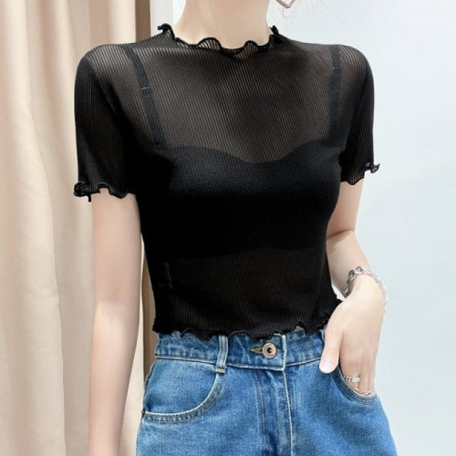 Women's Short Sleeve Mesh Bodysuit, Delicate Lace T-shirt with Underwire, Sheer Fabric, Casual Short Hem Dress, Ideal for Summer