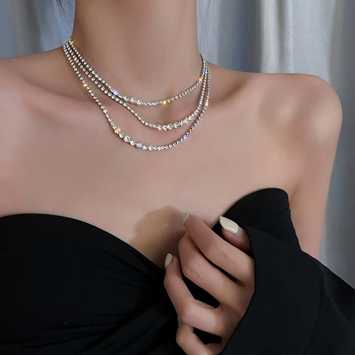 Retro style short diamond necklace for women, simple multi-layer plain clavicle chain, light luxury niche chocker neck necklace
