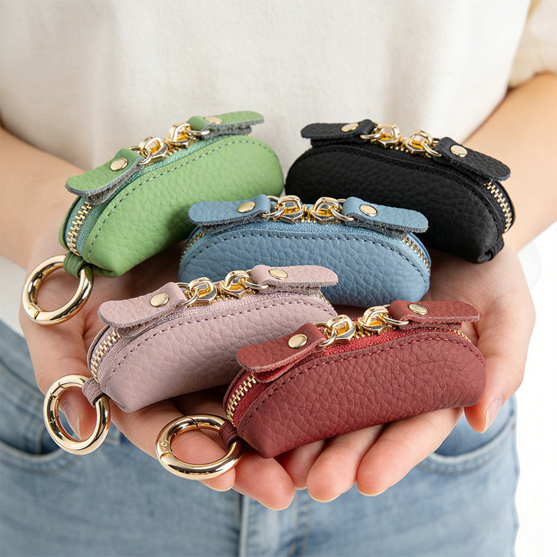 Japanese-Style Compact Zipper Coin Purse Portable Keychain Coin Wallet Genuine Leather Portable Mini Storage Bag Cross-Border
