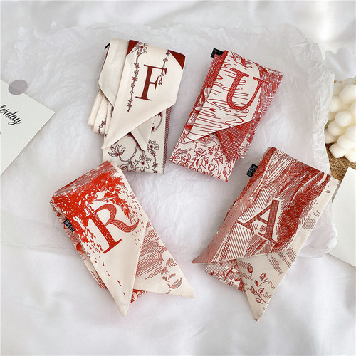 Letter-shaped small silk scarf tied hair ribbon, high-end red-colored neckerchief, wedding favor box matching for candy.