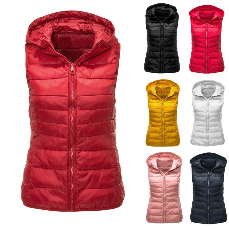 Cross-border Women's Warm Vest Hooded Down Vest Women's Autumn and Winter New Waistcoat plus size Slim-fit Cotton-padded Coat